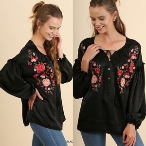 LAST 2! Black Embroidered Roses Bishop Sleeve Top